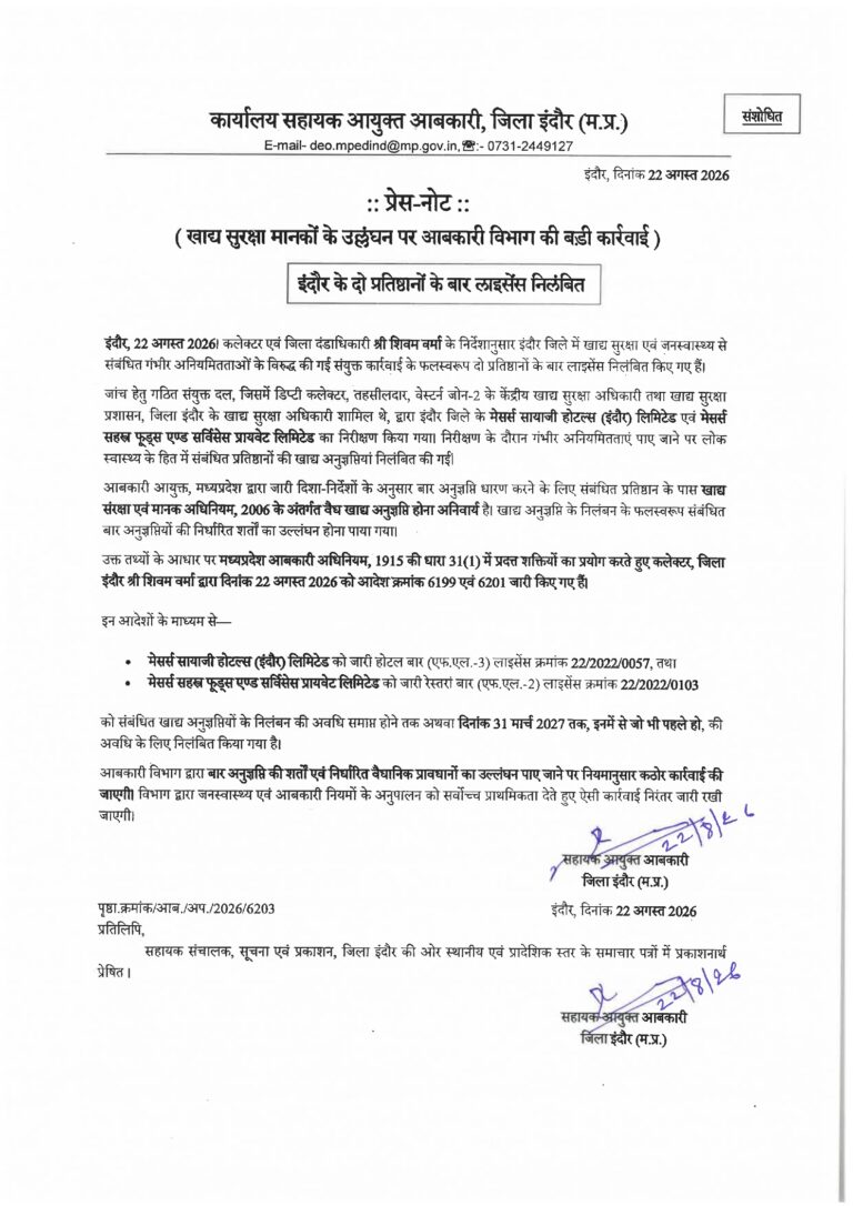 खाद्य सुरक्षा मानकों के उल्लंघन पर बड़ी कार्रवाई, इंदौर के दो प्रतिष्ठानों के बार लाइसेंस निलंबित